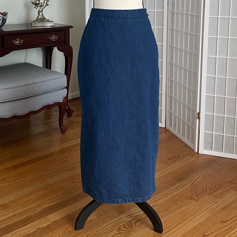 Topshop Long Denim Column Skirt with Back Slit, Sz. 10
